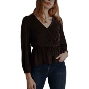 Madewell Womens Sz Large Corduroy Tie-Front Faux-Wrap Top Spiced Raisin Cropped